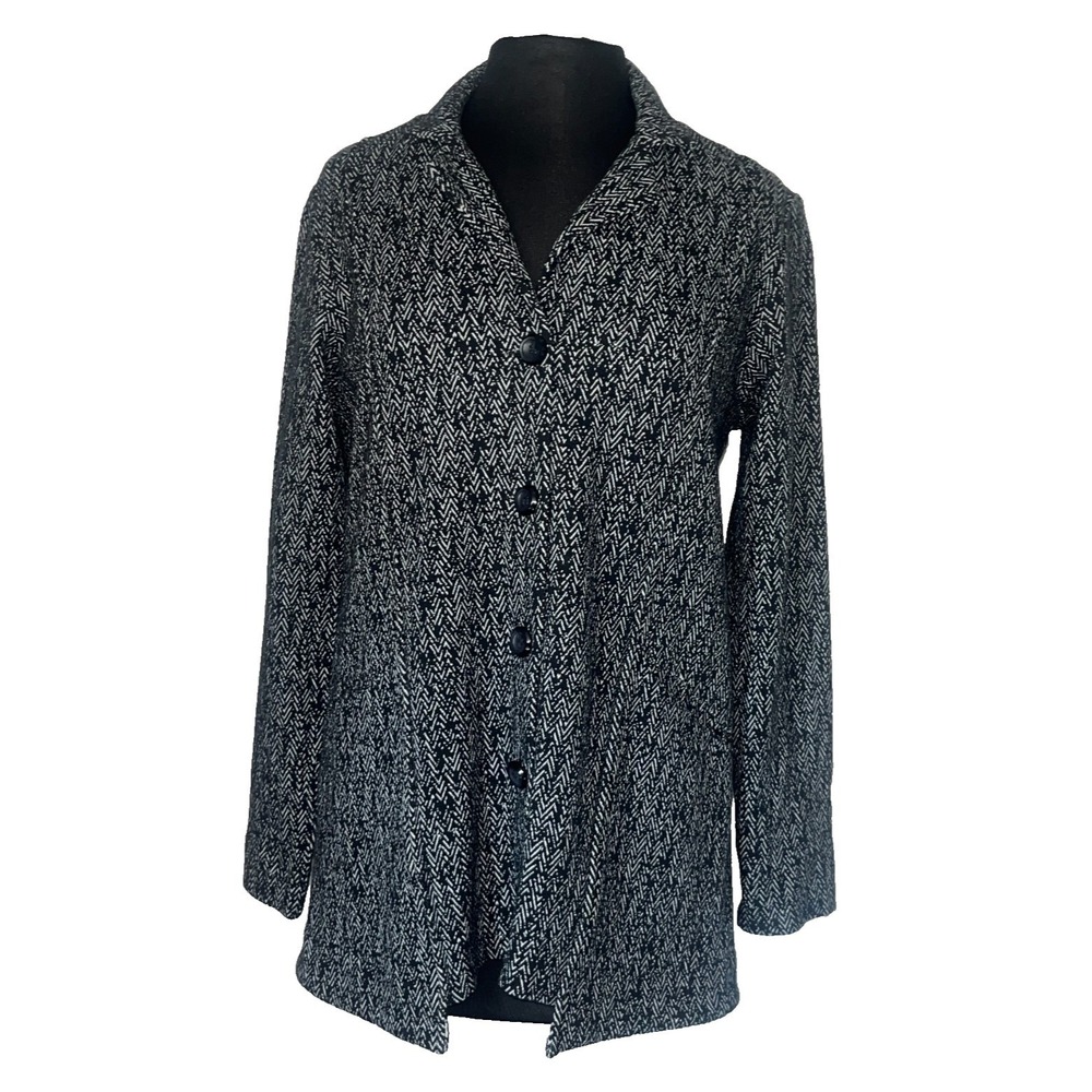 Comfy Dee Jacket Black White Herringbone Button Front Asymmetric Women's Small
